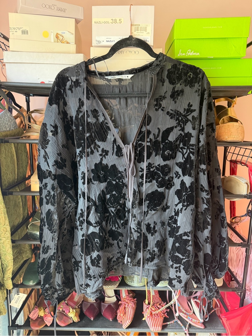Zara Gray Blush Floral Burnout Tie-Front Blouse